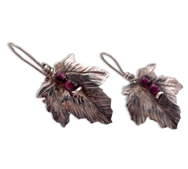 sterling silver garnet leaf hook earrings