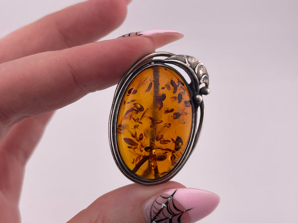 sterling silver oval amber leaf brooch pin