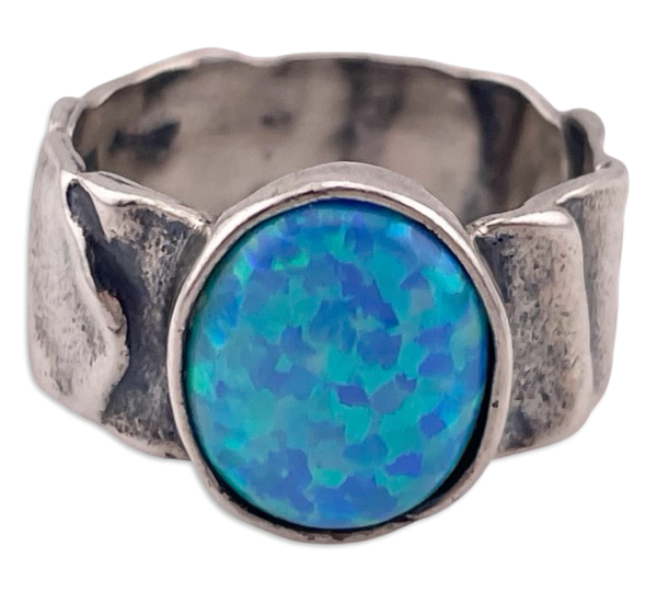 size 7.75 sterling silver opal simulant textured band ring