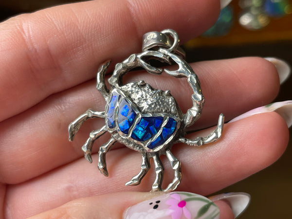 sterling silver mosaic lab opal crab pendant