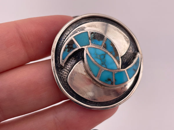 sterling silver turquoise inlay hummingbird design brooch