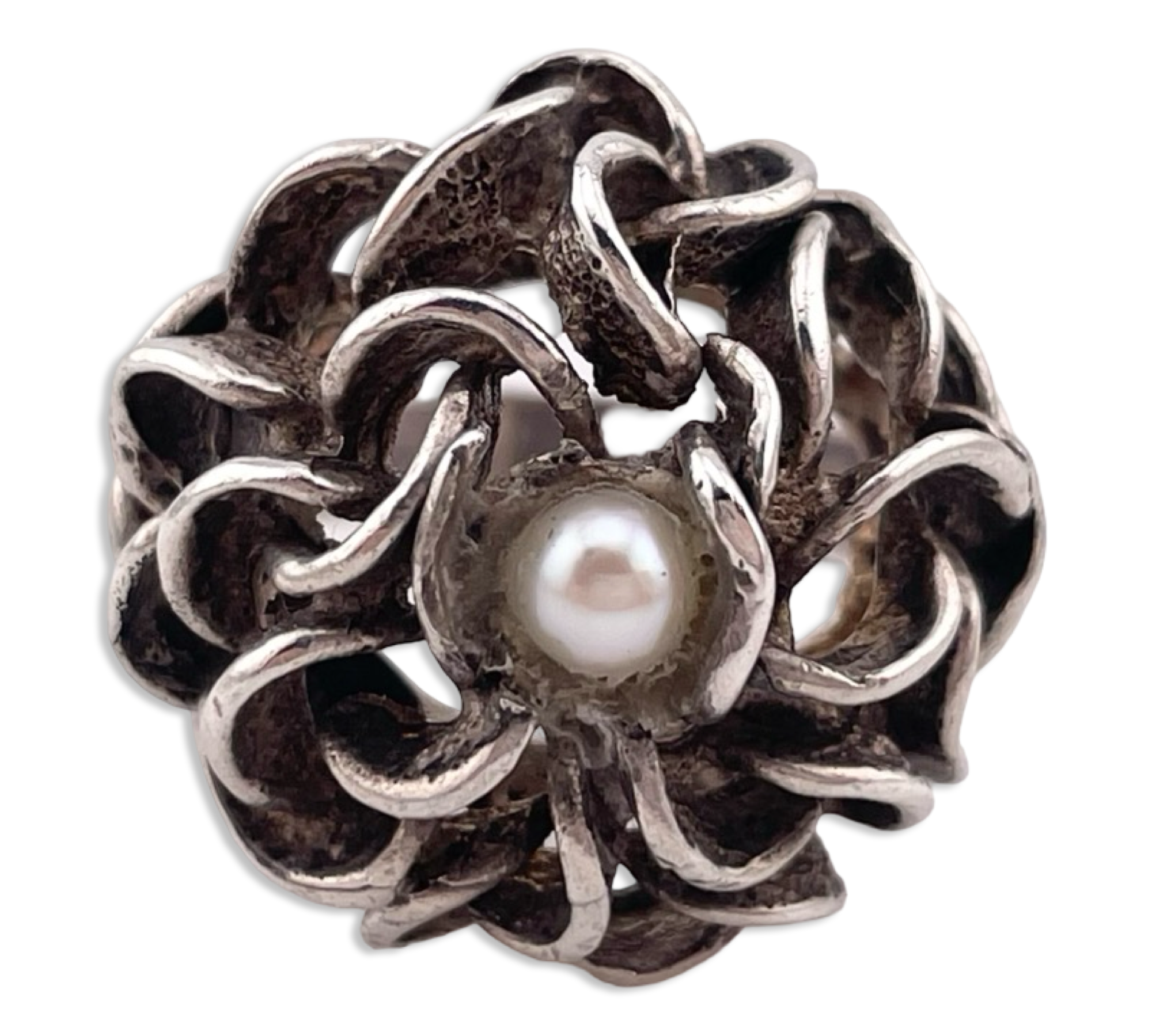size 7.75 sterling silver brutalist abstract pearl ring