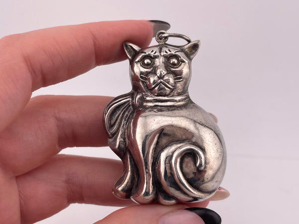 sterling silver large 3D puffy cat pendant