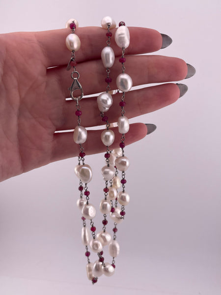 sterling silver 37" pearl faceted spinel necklace