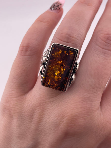 size 6.5 sterling silver amber rectangle ring **AS IS**