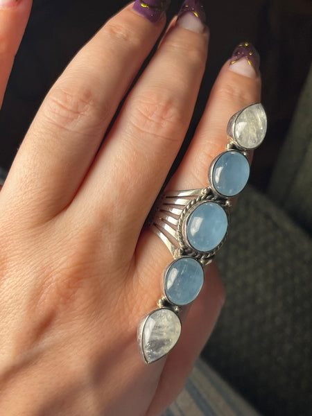 size 8 sterling silver 2-7/8" long blue quartz rainbow moonstone ring