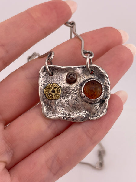 sterling silver, brass, & copper artisan Sherry Tinsman amber necklace