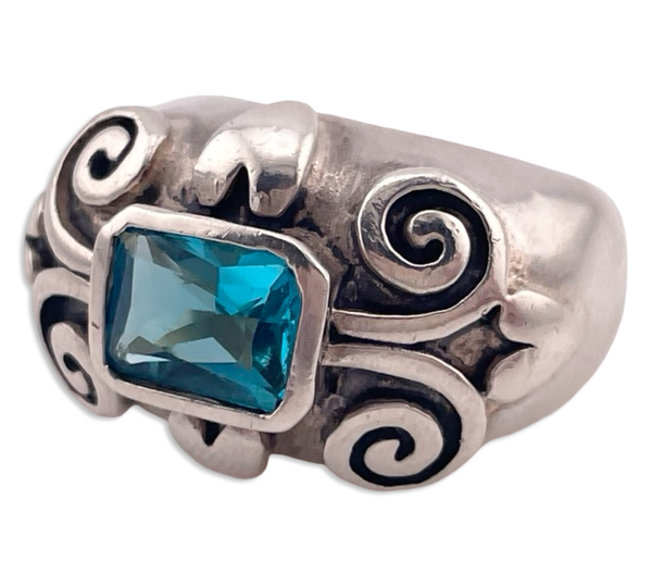 size 7 sterling silver chunky faceted blue glass heart swirl ring