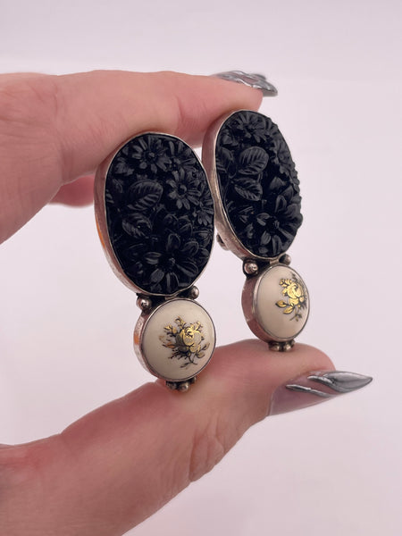 sterling silver molded glass rose image clip-on earrings