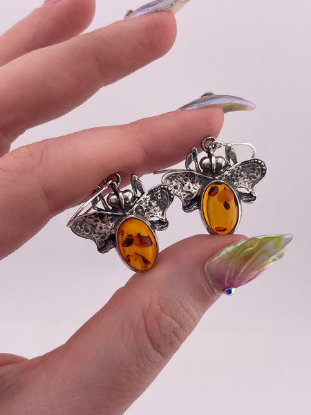 sterling silver amber bee dangle earrings