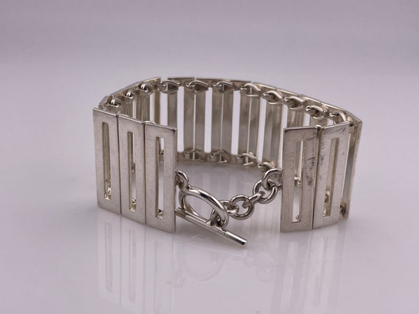 sterling silver Mexican chunky heavy rectangle cut-out panel toggle clasp link bracelet