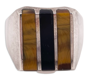 size 10.75 sterling silver chunky tiger's eye & goldflake obsidian square ring