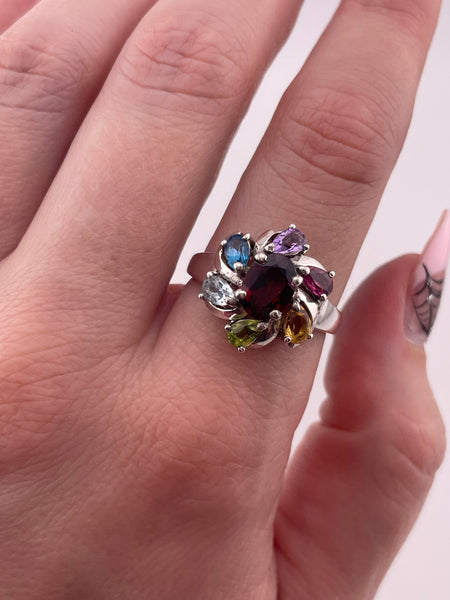 size 8.75 rhodium plated sterling silver faceted colorful multi-gemstone ring