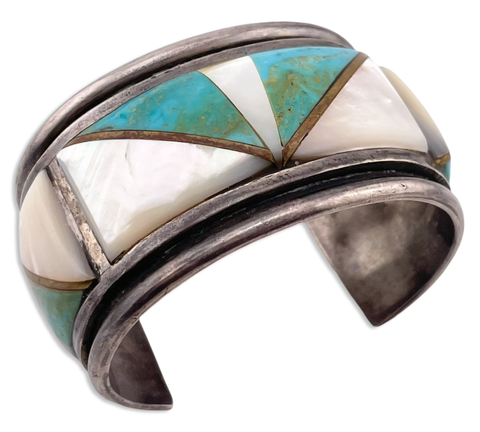 sterling silver heavy turquoise, mother of pearl, & brass inlay cuff bracelet