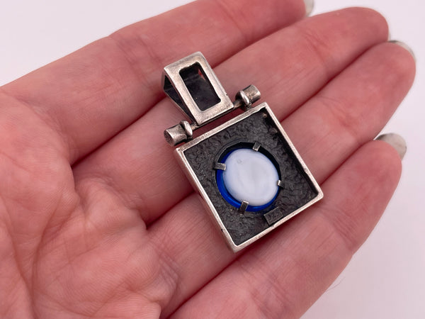 sterling silver square blue glass eye pendant