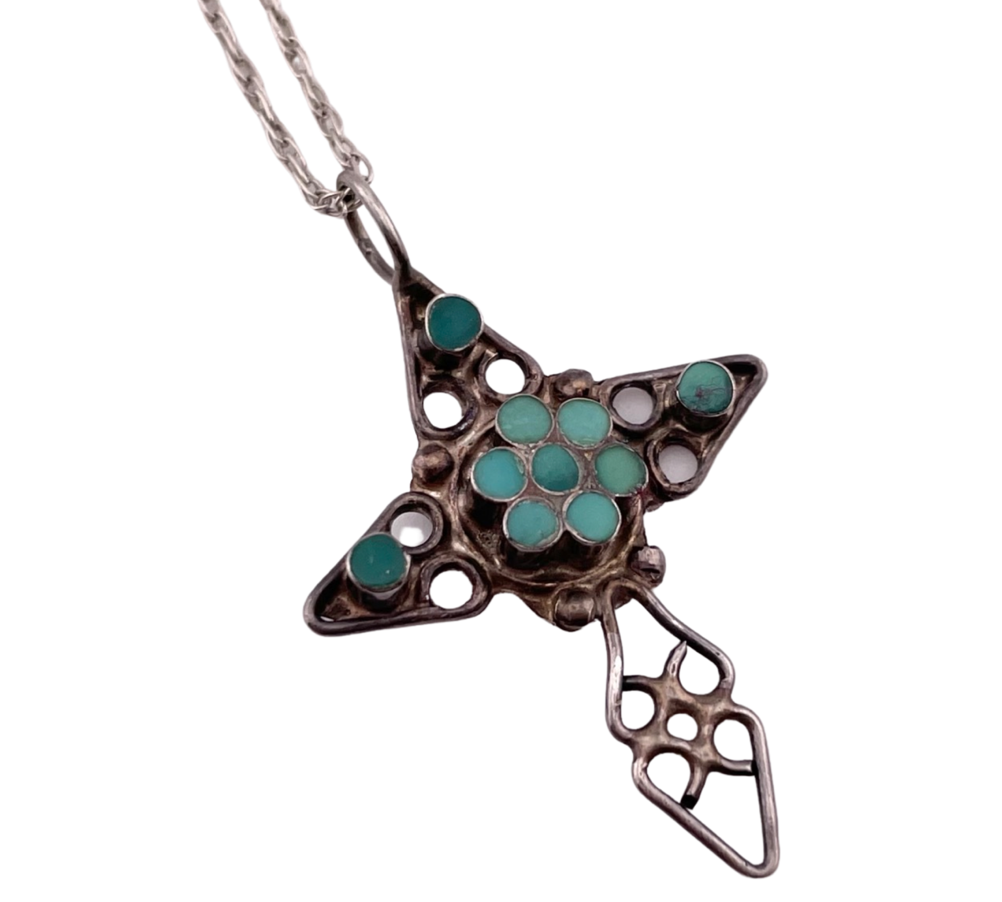 sterling silver Dishta style turquoise inlay cross pendant necklace