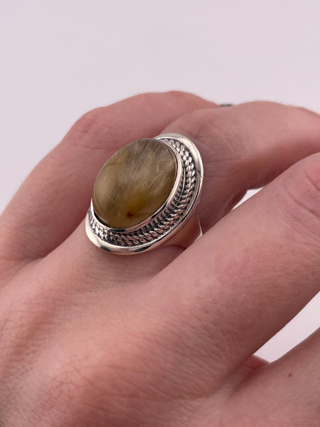 size 7.25 sterling silver oval rutilated quartz rope border ring
