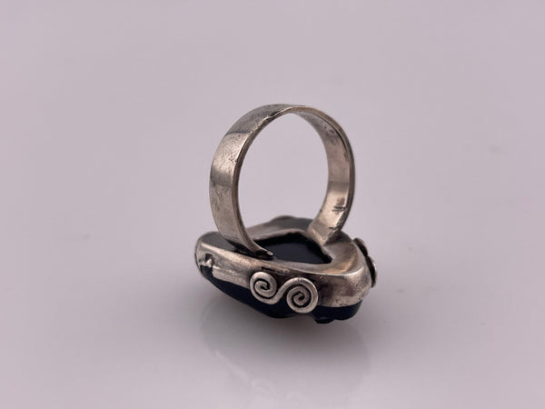 size 5.5 sterling silver onyx carved mask face ring ***AS IS***