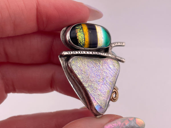 sterling silver & gold filled artisan foil glass brooch pin