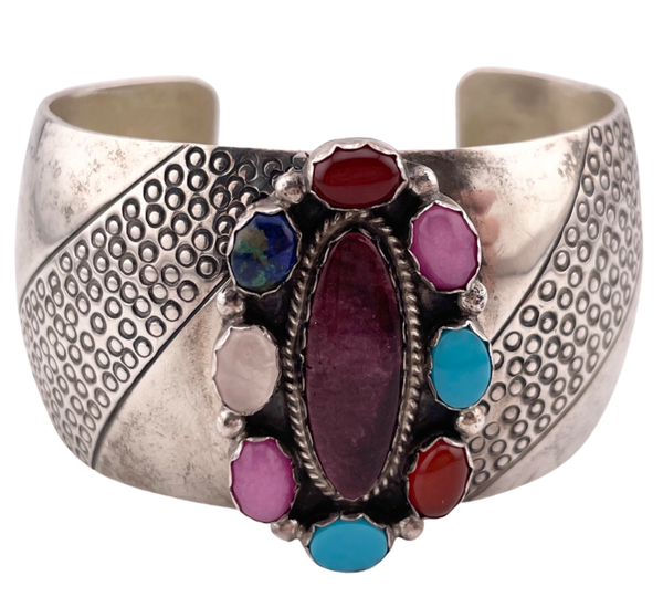 sterling silver chunky heavy ~55 grams wide multi-stone cuff bracelet