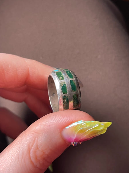 size 6.5 sterling silver chunky green turquoise inlay band ring