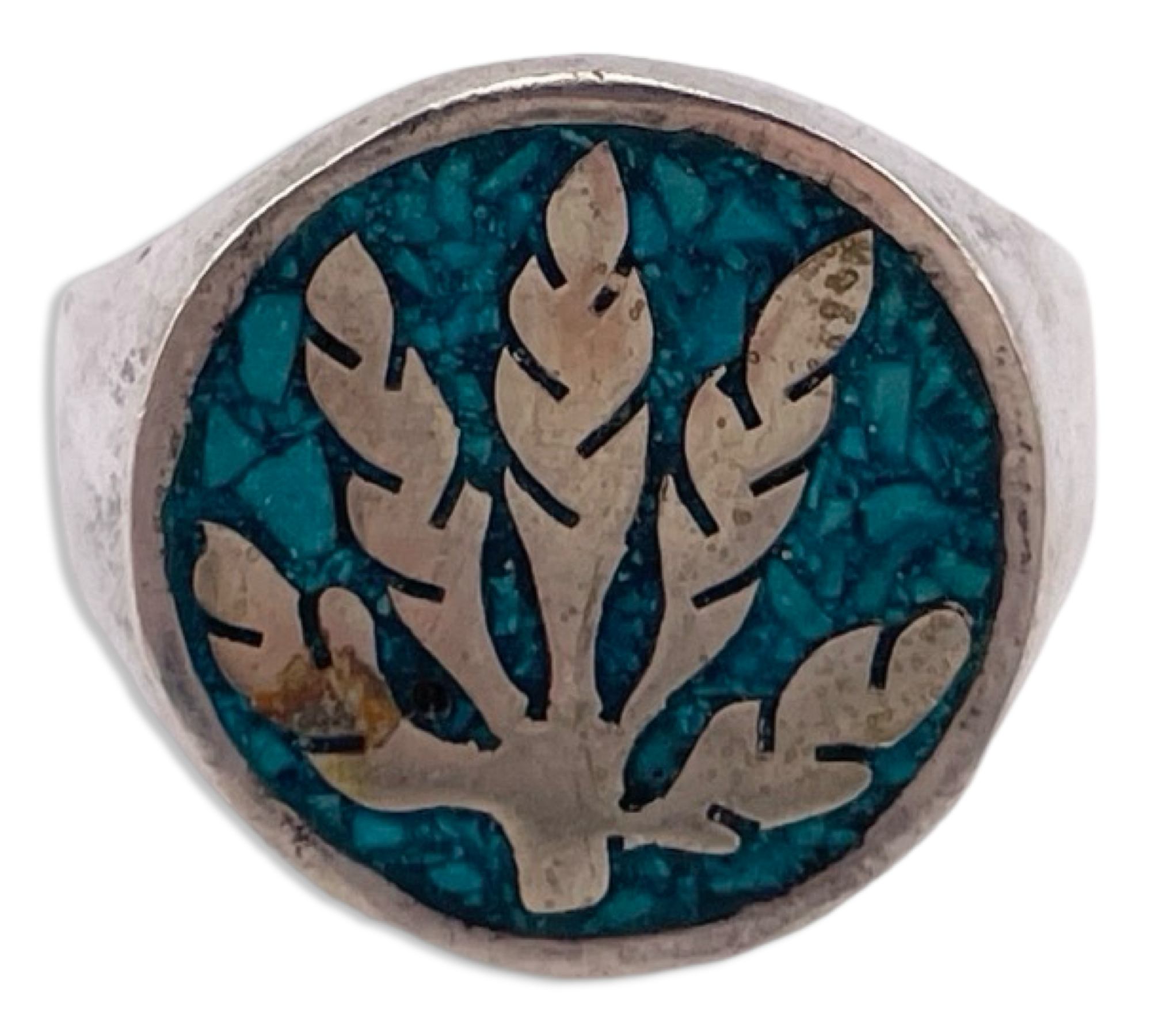 size 8.5 sterling silver crushed turquoise marijuana pot leaf ring
