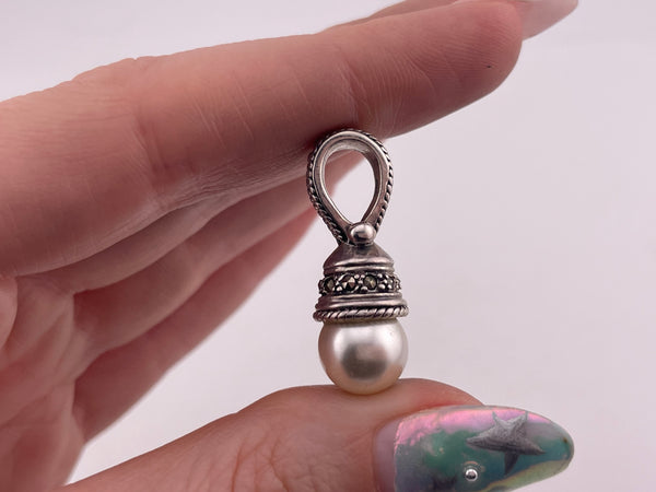 sterling silver synthetic pearl marcasite pendant