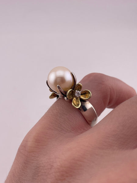 size 5 sterling silver & 18k gold Ann King gold pearl white topaz flower ring