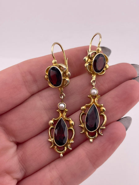 sterling silver gold wash faceted garnet pearl hook dangle earrings