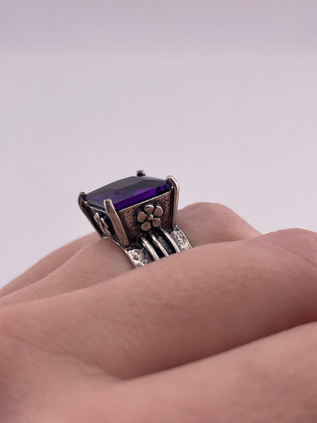 size 6 sterling silver chunky faceted purple glass flower wide band square ring