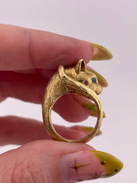 size 6.75 18k gold vintage P. Cordier emerald cat panther ring