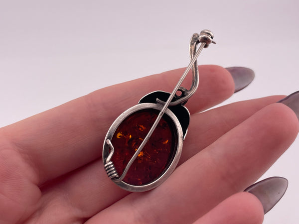 sterling silver amber leaf brooch pin