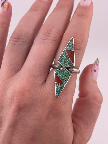 size 7.5 sterling silver 1-5/8" crushed turquoise coral ring