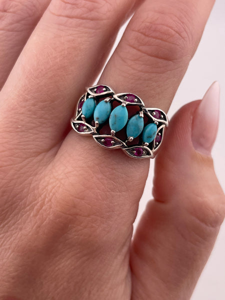size 8.75 sterling silver stabilized turquoise lab ruby ring