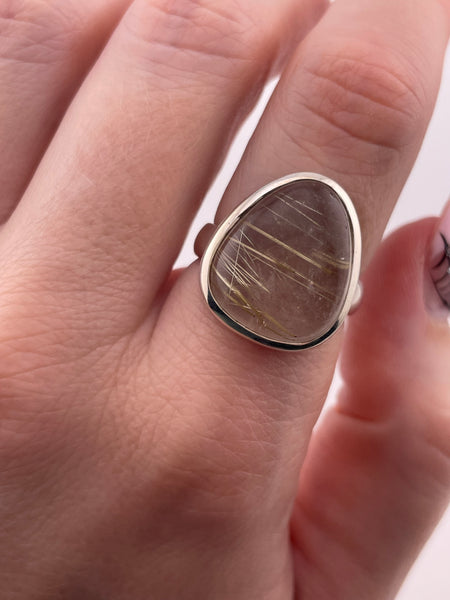 size 7.75 sterling silver pear shape golden rod rutilated quartz ring