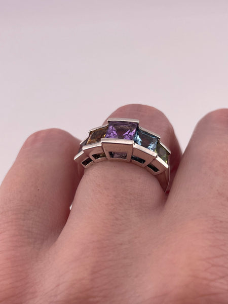 size 6.25 sterling silver colorful faceted square multi-gemstone row ring