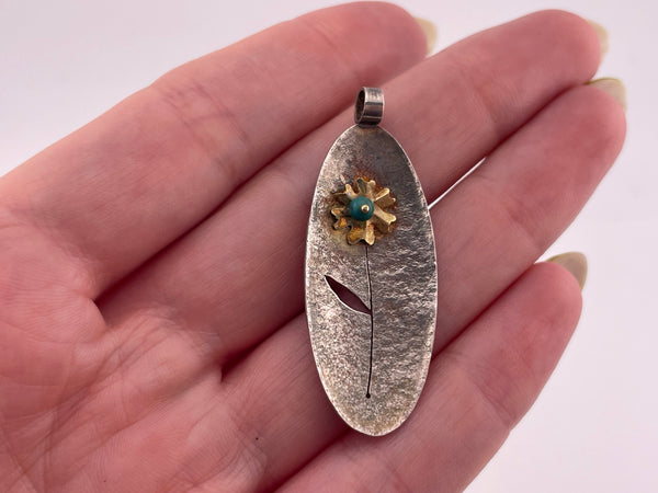 sterling silver gold wash turquoise bead flower textured pendant