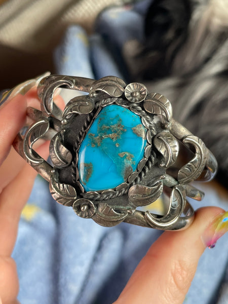 sterling silver Mexican turquoise flower cuff bracelet
