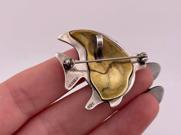 sterling silver & brass Mexican fish brooch pendant