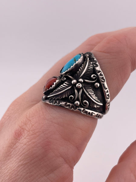 size 9.75 sterling silver turquoise & coral ring