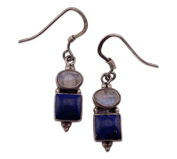 sterling silver lapis & rainbow moonstone dangle earrings