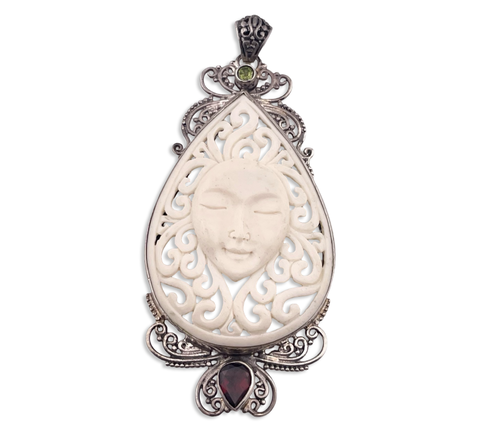 sterling silver large faceted garnet, peridot, & carved resin face pendant