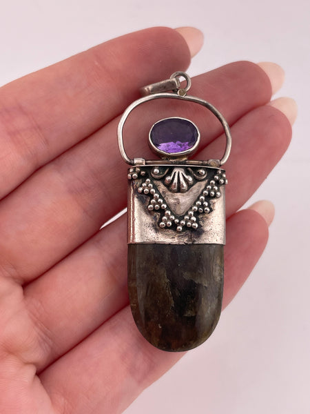 sterling silver labradorite & faceted amethyst pendant