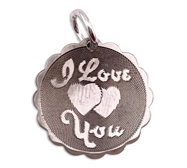 sterling silver rhodium plated "I Love You" round etched pendant
