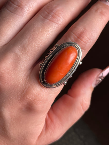 size 7.75 sterling silver coral four prong shank ring