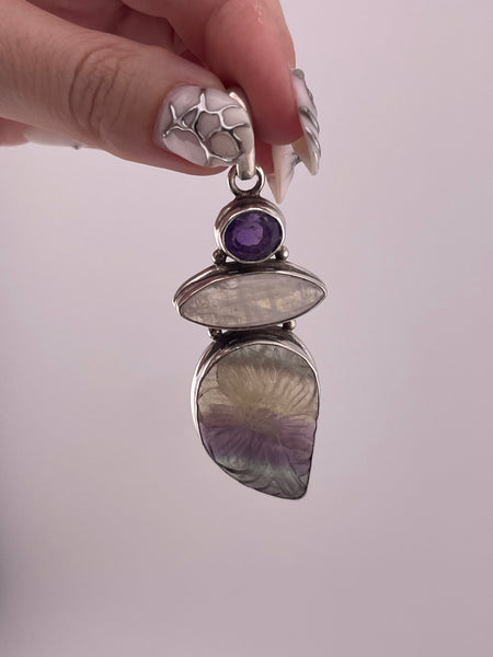 sterling silver faceted amethyst rainbow moonstone carved fluorite pendant