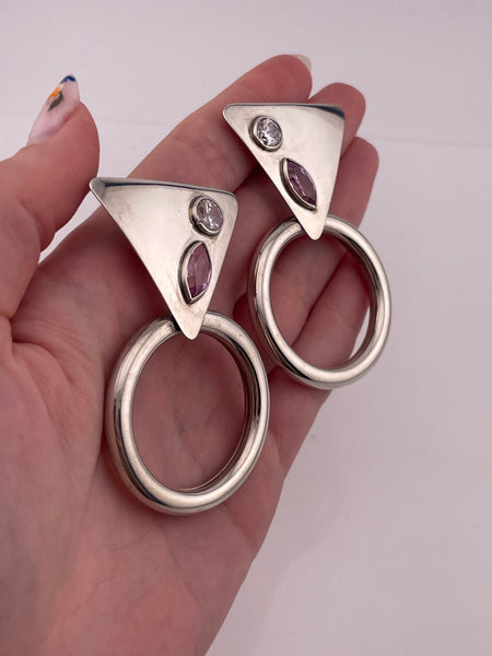 sterling silver large 2-1/2" rhinestone lab ruby triangle circle clip-on earrings