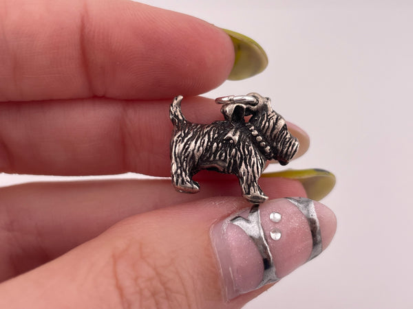 sterling silver solid 3D terrier w/ bow dog charm pendant