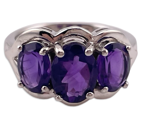 size 6 sterling silver rhodium plated faceted triple amethyst ring