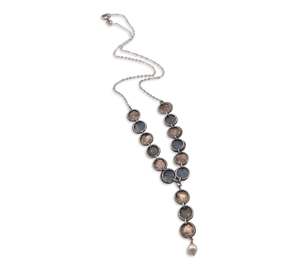 sterling silver textured circle lariat pearl necklace